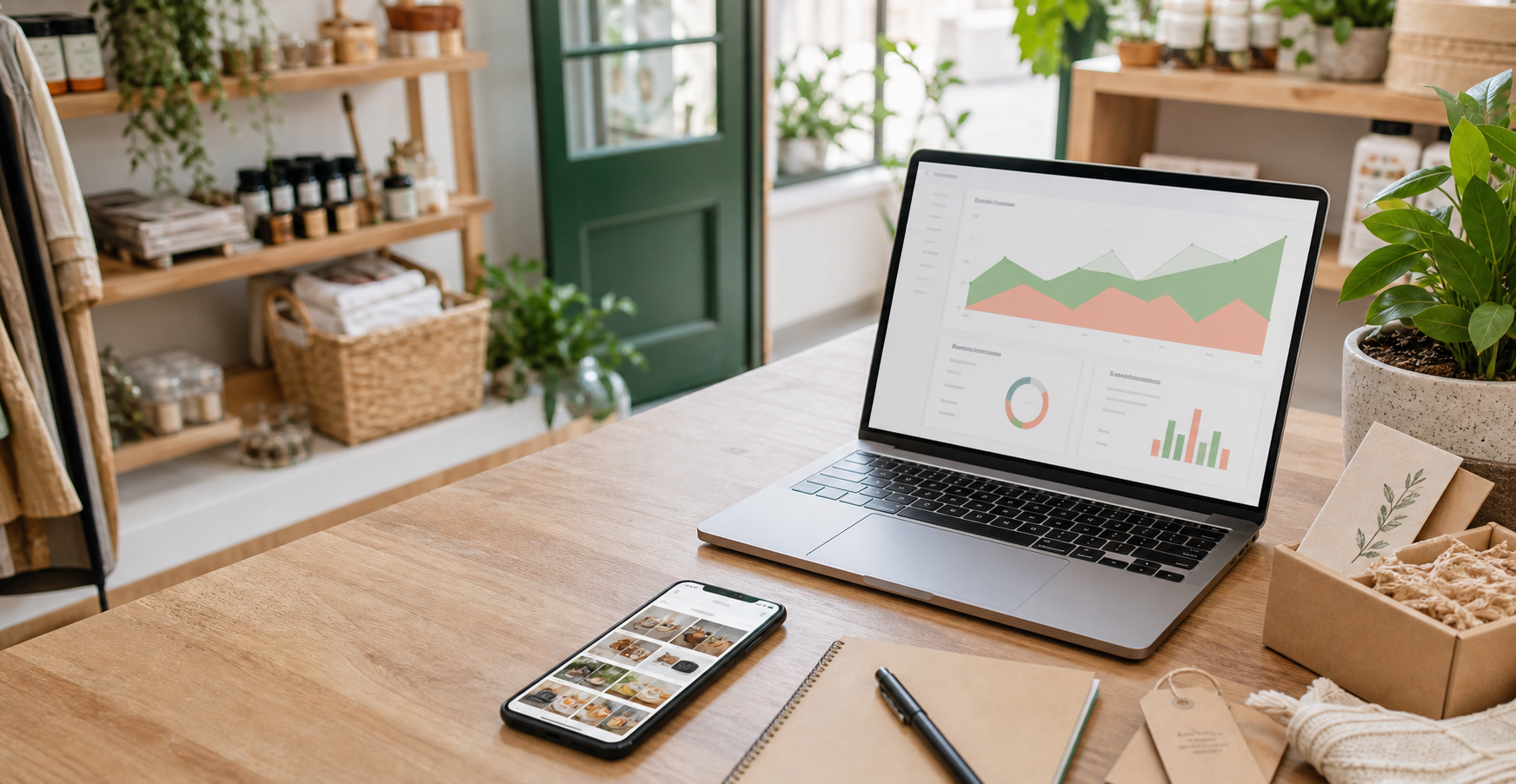 Mesa de trabajo con laptop, celular y materiales para marketing digital de un pequeño negocio